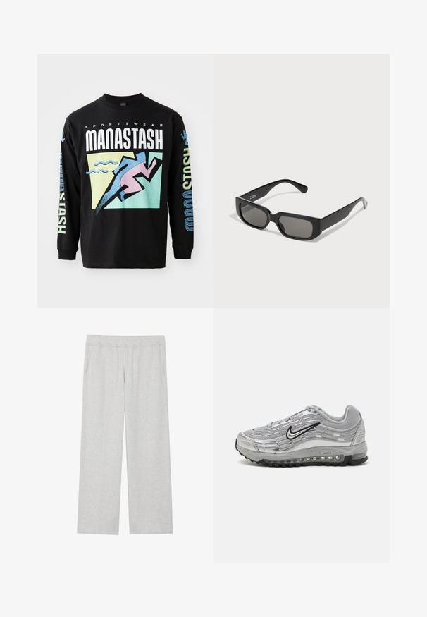 T-shirt nera a maniche lunghe con un design grafico che presenta un corridore in rosa, forme geometriche, e testo bianco e blu, realizzata in cotone.; Pantaloni tuta grigi chiari a gamba larga realizzati in morbido tessuto. Presentano una vita elastica e tasche laterali. Tessuto liscio con un design pulito.; Sneaker Nike Air Max grigie con parte superiore in rete e materiale sintetico, design ondulato, accenti neri e un'unità di ammortizzazione visibile.; Occhiali da sole rettangolari neri con lenti grigie, realizzati in plastica liscia. Presentano un design minimalista con steli dritti e un branding discreto.