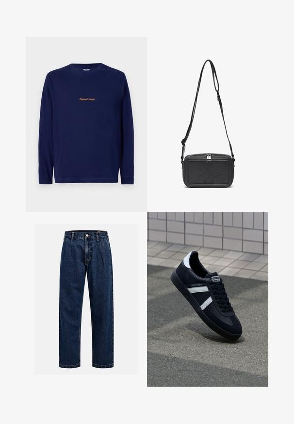 Mornarska majica z dolgimi rokavi z izvezenim napisom "Originals Studio" v zlati barvi na prsih, predstavljen na enobarvni beli podlagi.; Temno modri kavbojki iz denima s pravim krojem. Imajo vidno šivanje, zapenjanje na gumb in sprednje plitke za dodaten detajl.; Črne usnjene superge z belimi črtami, teksturiran gumijast podplat in zavezovanje spredaj. Imajo označeno oznako na ježku.; Črna usnjena torbica čez ramo z zadrgo, embosirano logotipom spredaj in nastavljivim pasom. Gladka površina z pravokotno obliko.