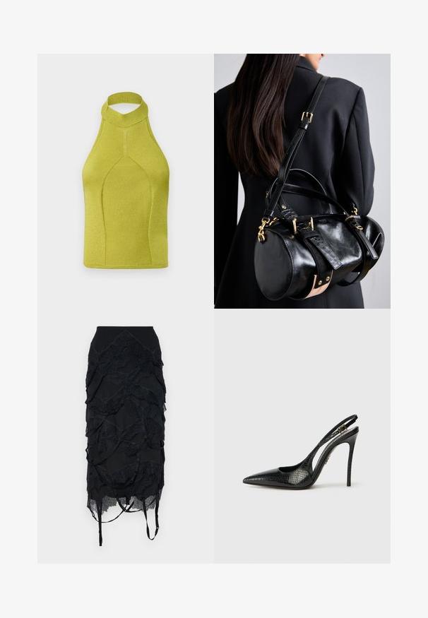 Adīts halter tops spilgtā laima zaļā krāsā ar augstu apkakli, bezšuvju dizainu un ribotu tekstūru, piemērots aktīvai valkāšanai.; Melnā svārki ar slāņainiem mežģīņu akcentiem, pieguļošu jostas daļu un regulējamām siksnām. Dizainā ir iekļauta viļņota raksta elementa.; Melnas slingback kurpes ar smailu purngalu, teksturētu čūskas rakstu, stiletto papēdi un dekoratīvu sprādzi uz siksniņas.; Melna ādas rokassoma ar noapaļotu formu, ar zelta detaļām un regulējamiem siksnām. Aksesuāri no teksturētas melnas ādas un beigu detaļām.