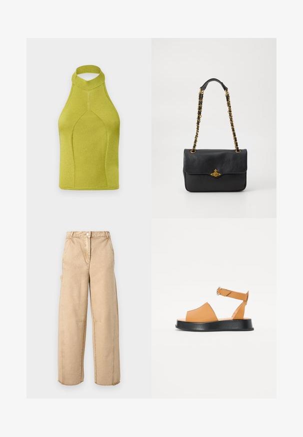 Gebreide haltertop in een levendige limoen groen, met een hoge kraag, naadloos ontwerp en geribbelde textuur, geschikt voor actieve kleding.; Beige wijde broek met knoopsluiting, twee zijzakken, lichte slijtage en rafelige boorden. Gemaakt van een zachte, textuurrijke stof.; Tan leren sandaal met een brede voorkant, open teen, verstelbare band en een dikke zwarte plateauzool. Soepele textuur en minimalistisch ontwerp.; Zwarte leren handtas met een opvouwbare flap, gouden kettingriem en logo hardware details aan de voorkant. Glad textuur.