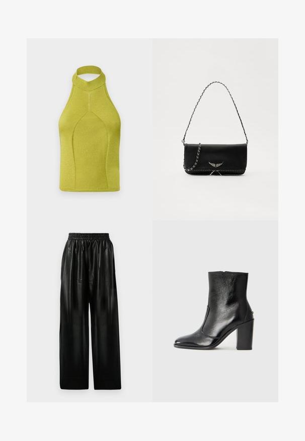 Pleteni halter top u vibrantnoj limetasto zelenoj boji, s visokim ovratnikom, bešavnom dizajnom i rebrastom teksturom, prikladan za aktivno nošenje.; Crne kožne hlače širokih nogavica s elastičnom trakom u struku, koje imaju dva bočna džepa i glatku, sjajnu površinu.; Crna kožna čizma do gležnjeva s glatkom teksturom, špicastim vrhom i debelim visokim potpeticama. Ima bočni otvor i minimalistički dizajn.; Crna kožna torba s srebrnim lanac strapom, s dekorativnim krilnim naglascima i bijelim šavovima duž donjeg šava.