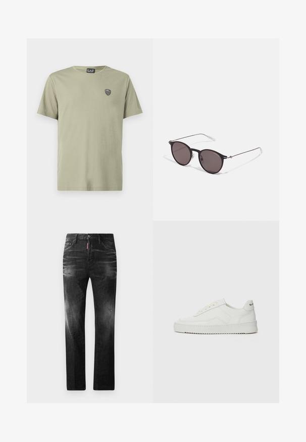 Svetlozelené tričko z mäkkej bavlny s okrúhlym výstrihom a krátkymi rukávmi. Na hrudi je malá čierna nášivka s logom.; Čierne denimové džínsy so štandardným strihom. Obsahujú vyblednuté oblasti, drobné opotrebenie, klasický dizajn s piatimi vreckami a zapínanie na gombík.; Biele kožené tenisky s hladkým povrchom, okrúly špičkový dizajn, ploché šnúrky a textúrovaná podrážka. Obsahujú jemné logo na päte.; Čierne okrúhle slnečné okuliare s tmavými sklami a tenkými kovovými ramenami. Obsahujú priehľadné konce rámov a strieborné akcenty na pántoch. Minimalistický dizajn.