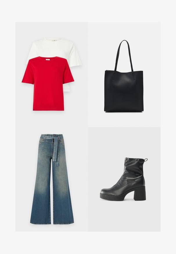 Røde og hvite bomulls t-skjorter stablet med rund hals og korte ermer. Enkel design, glatt tekstur, og ingen synlige mønstre eller detaljer.; Bredde ben jeans med en lyseblå til mørkeblå gradient, høyt liv, beltehemper og et matchende belte i samme stoff. Teksturert denimoverflate.; Svarte ankelstøvler laget av glatt lær, med glidelås på siden, chunky strukturert hæl, og rund tå-design.; Svart lær tote bag med glatt tekstur, rektangulær form og to lange håndtak. Ingen synlige deler eller dekorasjoner.