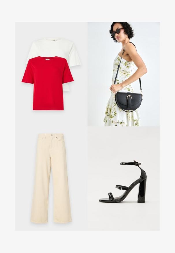 Rdeči in beli bombažni majici, zloženih skupaj, okroglega ovratnika in kratkimi rokavi. Preprost dizajn, gladka tekstura, brez vidnih vzorcev ali poudarkov.; Bež jeans širokega kroja iz bombaža. Imajo gumbno zapiranje, zanke za pas in sprednje žepe ter gladko, mehko teksturo.; Črne lakirane sandale s peto, kvadratnim prstom, trakovi okrog gležnja in srebrnimi zaponkami. Opremljene so s stabilno Debelo peto.; Črna usnjena torbica s ukrivljeno obliko, z odstranljivo naramnico in zlatimi dodatki. Torbica ima pokrov s podrobnostmi v obliki zaponke.
