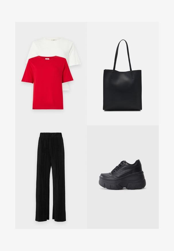 Tricouri din bumbac roșu și alb, stivuite, cu gât rotund și mâneci scurte. Design simplu, textură netedă și fără modele sau accente vizibile.; Pantaloni negri plisati cu talie elastică. Prezintă picioare largi și un material neted, texturat, cu dungi verticale.; Adidași negri cu șireturi, cu un toc gros, având partea superioară din piele netedă, vârf rotund și un design distinct de platformă stratificată.; Geantă tote neagră din piele, cu textură netedă, formă rectangulară și două mânere lungi. Fără hardware vizibil sau ornamente.