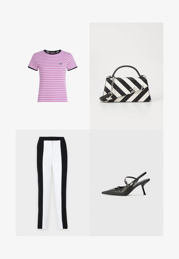 Kratke rokave, rebrasta majica v roza barvi z belimi črtami, z črnim okroglim ovratnikom in obrobami rokavov, z manjšim grafičnim poudarkom na prsih.; Črne in bele zožene hlače s slim fit krojem ter kontrastnimi paneli. Tkanina ima gladko teksturo; pas je raven in prilegajoč.; Črne usnjene sandale na peto s koničastim nosom, vitko peto in okrasno zaponko na sprednjem delu. Gladka tekstura in eleganten dizajn.; Črna in bela črtasta torbica z obliko s strukturirano obliko, s top ročajem, odstranljivo verižico in kovinskim logotipom.