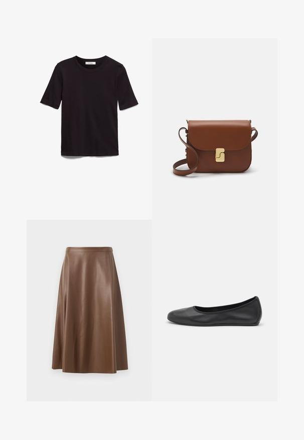 Juodas trumpas rankovės T-shirt, pagamintas iš minkštos medvilnės, su apvaliu kaklu ir lygiu, tolygiu paviršiumi bei minimalistiniu dizainu.; Ruda odinė A formos sijonas su lygiu paviršiumi ir vidutinio ilgio hemu. Yra prigludusi juosmens linija ir švelnus šonų išplatėjimas.; Juodai odiniai baletai su apvaliu pirštu, lygi texture, minimalus siuvimo detales ir lanksčiu padų dizainu.; Ruda odinė rankinė su uždaromu dangteliu, aukso spalvos detalėmis, petneša ir lygiu paviršiumi. Kompaktiška stačiakampio formos.