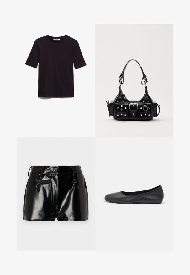 Tricou negru cu maneci scurte, fabricat din bumbac moale, având un guler rotund și o textură netedă și uniformă, cu un design minimal.; Pantaloni scurți negri, strălucitori, din material sintetic. Prezintă o talie ajustată, bucle pentru curea și buzunare frontale cu detalii de cusătură proeminente.; Balerini din piele neagră, cu vârf rotund, textură netedă, detalii de cusătură minimale și un design al tălpii flexibil.; Geantă de piele neagră cu un design curbat, dotată cu studuri argintii, o cataramă și două buzunare laterale. Curea ajustabilă pentru opțiuni de transport.