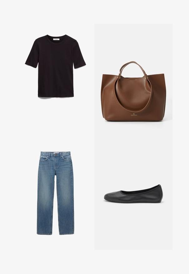 Musta lyhythihainen T-paita, joka on valmistettu pehmeästä puuvillasta. Siinä on pyöreä kaula-aukko ja sileä, tasainen pinta, jossa on minimalistinen muotoilu.; Vaaleansiniset farkut suoran leikkauksen, viiden taskun ja kuparinväristen yksityiskohtien kanssa. Kankaassa on hieman haalistumista ja sileä pinta.; Musta nahkainen ballerina, jossa on pyöristetty kärki, sileä pinta, minimaalinen ommelkoristelu ja joustava pohjamuotoilu.; Ruskea nahkainen kassi, jossa on sileä pinta, suuret pyöreät kahvat, yksinkertainen muotoilu ja logo painettuna pohjaan.