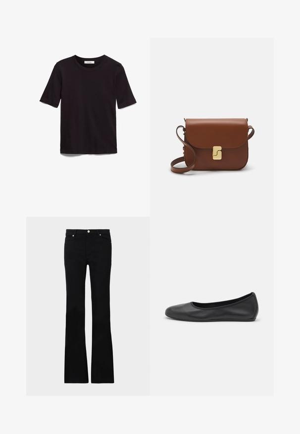 Black short-sleeve T-shirt made of soft cotton, featuring a round neckline and a smooth, even texture with a minimal design.; Black flared jeans made of denim, featuring two front pockets, a button closure, and a smooth texture. Signature stitching visible at seams.; Black leather ballet flat with a rounded toe, smooth texture, minimal stitching detail, and a flexible sole design.; Brown leather handbag with a flap closure, gold-tone hardware, a shoulder strap, and a smooth texture. Compact rectangular shape.