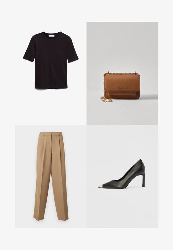 Black short-sleeve T-shirt made of soft cotton, featuring a round neckline and a smooth, even texture with a minimal design.; Beige tailored trousers with a high waist, pleated front, and wide-leg cut. The fabric appears smooth with a slight sheen.; Black leather high heel shoe with a pointed toe and a metallic silver cap. Features a smooth finish and a slender 10 cm heel.; Brown textured leather crossbody bag with gold chain strap and flap closure. Front features logo detail and a pocket under the flap.