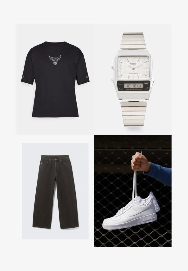 Juodas trumpas rankovės marškinėliai su raukšlėta tekstūra, su baltu išsiuvinėtu buliuko logotipu krūtinėje ir mažu akcentu ant rankovės.; Plati juodos džinsinio audinio kelnės turi aukštą liemenį, penkių kišenių dizainą ir užsegimą su sagomis. Audinys yra minkštas, tekstūruotas.; Balti odiniai sportiniai bateliai su perforacijomis, apvalia nosimi, plokščiu padu ir storomis raištelėmis, su matomu swoosh logotipu ir "AIR" ant kulno.; Sidabrinė Casio kvarcinė laikrodžio su stačiakampiu ciferblatu, tekstūruotu baltu paviršiumi, analoginėmis rodyklėmis, skaitmeniniu ekranu ir metaline grandinėlės juosta. Atspari vandeniui.