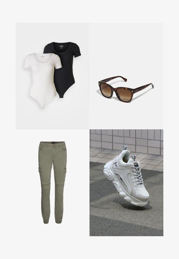 To ribbestrømpebukser i hvit og svart. Har rund hals, korte ermer og trykknapp på bunnen. Elastisk stoff.; Olivenfargede cargo-bukser i slitesterk bomullsmiks med avsmalnende mansjetter, flere lommer og kneplisser for økt bevegelighet.; Hvit sneaker laget av mesh og lær, rund tå, tykk såle, fremtredende lisser, og merkevare på hælen og tungen.; Søtterskall firkantede solbriller med gradient brune linser, med gullfargede detaljer på bøylene og en tykk, glanset ramme.