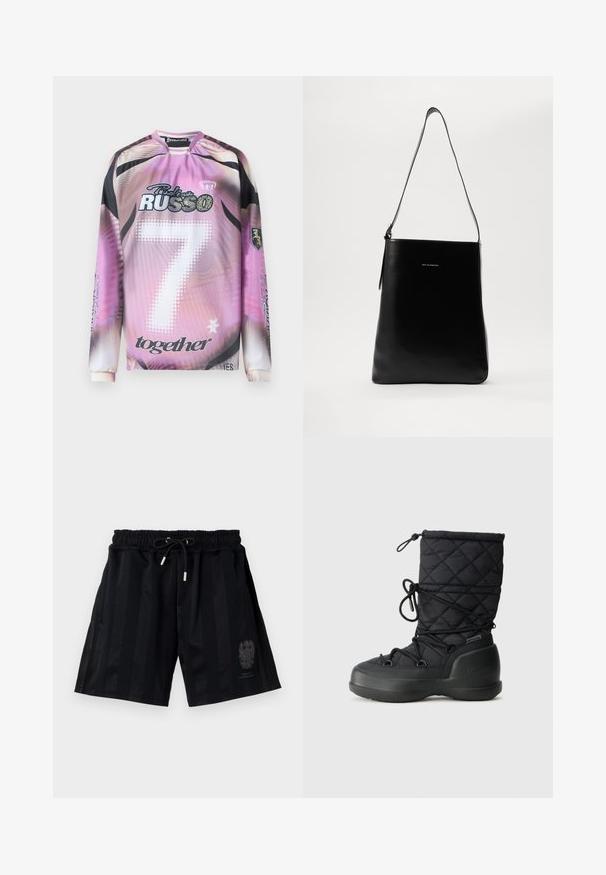 Long-sleeve jersey with a gradient pink-black design, featuring the number 7, brand logos, and various graphic accents in white and black.; Black athletic shorts with an elastic waistband and drawstring, featuring horizontal stripes and a subtle emblem on the left leg.; Black quilted snow boot with elastic laces, rubber sole, and a padded upper for insulation. Features logo on the side and a pull-tight collar.; Black leather shoulder bag with a smooth texture, rectangular shape, and a long strap; features a small white logo at the center.