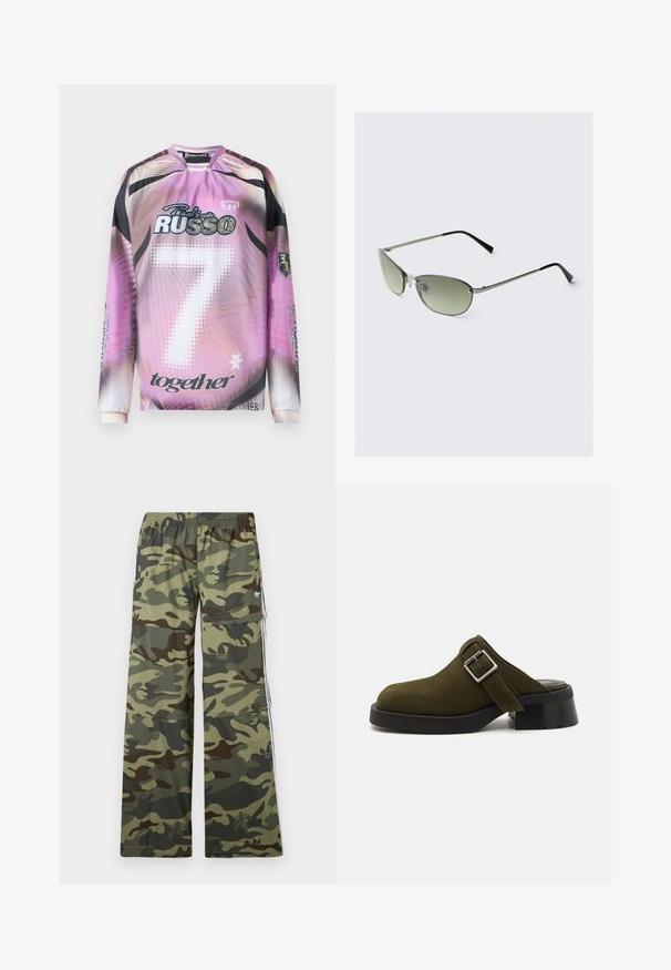 Ilgomis rankovėmis maikutė su gradientiniu rožinės-juodos spalvų dizainu, ant kurio pažymėtas skaičius 7, prekės ženklų logotipai ir įvairūs grafikų akcentai baltos ir juodos spalvos.; Karoformos kargo kelnės žalios ir rudos spalvų atspalviuose, pasižyminčios plačiomis kojomis, elastinga juosmens linija ir šoninėmis kišenėmis su juostelėmis.; Olivinės spalvos zomšiniai mūlai su žemu, storu juodu kulnu. Savybė - šoninis diržas su sidabriniu užsegimu reguliavimui. Bendras paviršius lygus.; Metaliniai akiniai nuo saulės su pailgomis žaliomis lęšiais, plonu sidabriniu rėmu ir juodais kadromis. Yra maži nosies pagalvėlės patogumui.