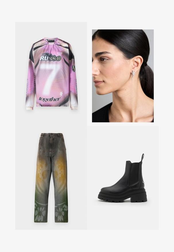Garā piedurkņu džersija ar rozā-melnām gradācijas krāsām, kurā redzams skaitlis 7, zīmolu logotipi un dažādi grafiskie akcenti baltā un melnā krāsā.; Augstas jostas džinsi izbalinātā denima ar gradienta rakstu, kurā saplūst dzeltenas, zaļas un zilas nokrāsas; ziedu raksts tuvāk apmalei.; Melnas Chelsea zābaki, kas izgatavoti no gludas ādas, ar elastīgām sānu daļām, biezu, rievotu gumijas zoli un vilkšanas cilpu aizmugurē.; Dzirkstoši sudraba auskari zvaigznes dizainā ar pēdiņveida vērpumu, izceļot pulētu virsmu un skaidrus dārgakmeņu akcentus.
