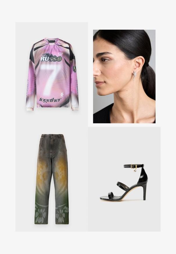 Pitkähihainen paita, jossa on pinkki-mustasävyinen gradienttimuotoilu, jossa on numero 7, brändilogot ja erilaisia valkoisia ja mustia graafisia yksityiskohtia.; Korkeavyötäröiset farkut haalistuneesta denimmateriaalista, jossa on keltainen, vihreä ja sininen sävy yhdistävä graadianttikuvio; kukkakuosi lahkeensuussa.; Musta patentoitu nahkasandaali, jossa on kolme hihnaa, nilkkasolki ja 4 tuuman stiletto-korko. Varustettu kultaisilla yksityiskohdilla ja logokoristeella.; Kimaltelevat hopeiset korvakorut, joissa on tähtimäinen muoto ja kaareva viiva, esittäen kiillotettua pintaa ja kirkkaat jalokivikoristeet.