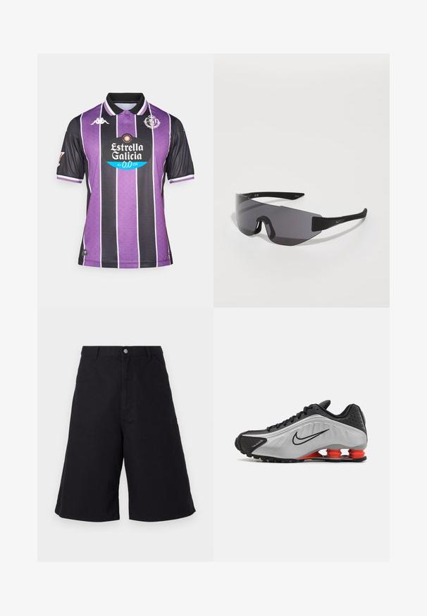 Lilla og svart stripete fotballtrøye med krage, med en sentral logo og hvite detaljer på ermer og hem. Laget av pustende stoff.; Svarte bomullsshorts med rett snitt, med frontlommer, knappeåpning og tekstur som passer for fritidsbruk.; Sorte og sølv atletisk sko med en teksturert overdel, distinkte spor og røde dempingelementer på hælen for støtte. Lågtoppdesign.; Sorte sporty solbriller med en omsluttende design, mørke glass, vinkelaktig form, og logo aksenter på bøylearmene.