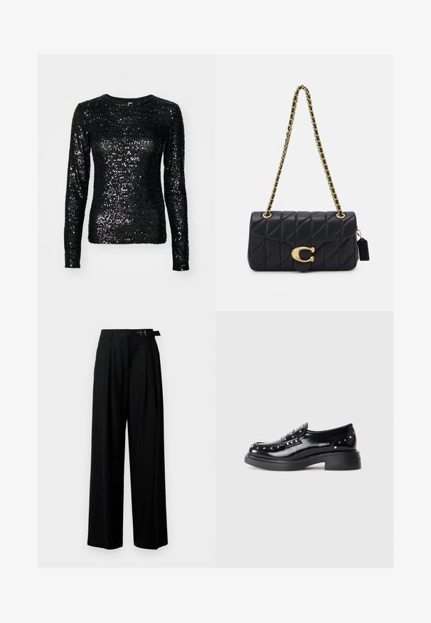 Svart långärmad topp täckt av paljetter, med rund halsringning och figurnära silhuett, med en slät texture och reflekterande detaljer.; Svarta byxor med vida ben och hög midja, med veck framtill och ett bälte med spänne. Tillverkade av ett mjukt, lätt tyg.; Svarta lackskinnsloafers med dekorativa silvernitar, rund tå, låg klack och slät, glänsande yta.; Svart, vadderad handväska med en guldkedjesnor, som har en distinkt guldkrok och en liten tagg, med en texturerad läderyta.