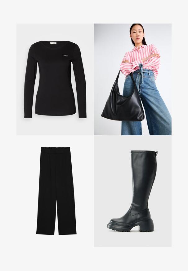 Fekete, hosszú ujjú póló puha anyagból, kerek nyakkivágással. A bal felső mellrészén egy kis fehér logó található.; Fekete, bőszárú nadrág fodros derékrésszel, két oldalsó zsebbel és sima, könnyű anyagból. Nincsenek látható minták vagy fémalkatrészek.; Magas fekete bőrcipő, vastag platform talppal és blokk sarokkal, húzófüllel és texturált profillal az outsole-on.; Fekete bőr válltáska, laza formával és varrás részletekkel. A model egy rózsaszín és fehér csíkos inget visel széles szárú kék farmernadrággal.