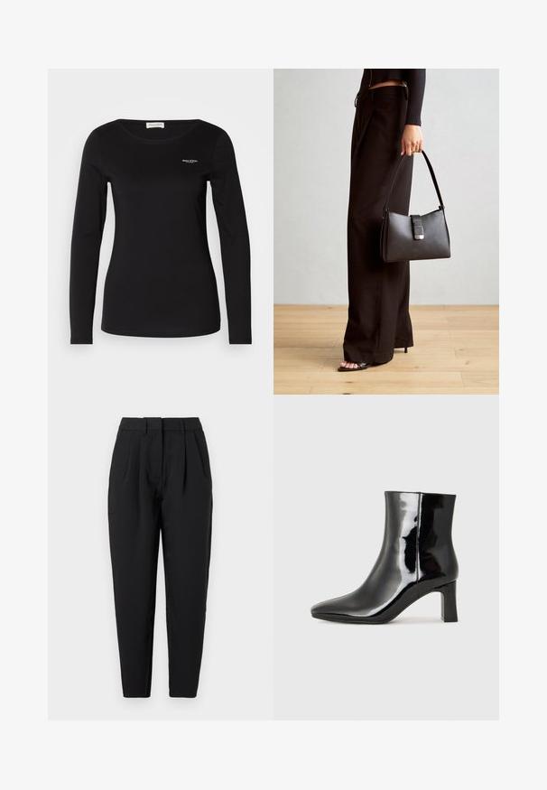 Svart langermet skjorte i mykt stoff, med rund hals og en liten hvit logo på brystet. Jevn tekstur, tettsittende design.; Sorte bukser med rett passform, med legg foran, en jevn tekstur og sidelommer. Livet er av standard høyde.; Sorte patentlær ankle boot med spiss tå og en mellomhøy blokkhelt. Glatt tekstur og minimalistisk design.; Svart håndveske med strukturert form, jevn tekstur og metallisk lås. Kombinert med brede svarte bukser og sandaler med åpen tå på tregulv.