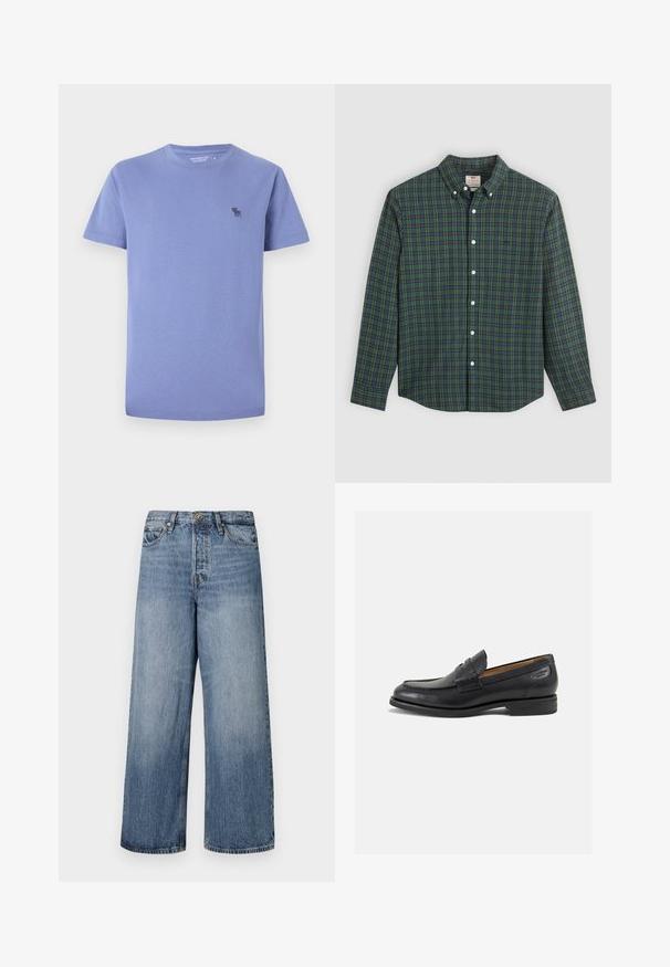 Šviesiai levandų spalvos medvilninė marškinėliai, su apvalia iškirpte, trumpomis rankovėmis, su mažai siuvinėtu logotipu tamsesnėje spalvoje kairėje krūtinės pusėje.; Ilgųjų rankovių mygtukų marškiniai su žaliu, mėlynu ir geltonu languotumu, baltais mygtukais ir su mygtukais užsegamu apykakle.; Platus blekno džinsai su išblukusiu skalbimu, penkių kišenių dizainu ir mygtukų uždarymu. Įrengti diržo kilpomis ir siuvinėjimu.; Juodi odiniai loafersai su lygiu paviršiumi, apvaliu pirštu ir dekoratyvine siūlė viršuje. Žemas sustiprintas kulnas ir lengvas blizgesys.