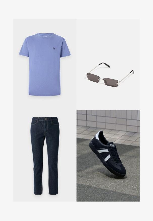 T-shirt in cotone lavanda chiaro, collo giro, maniche corte, con un piccolo logo ricamato di tonalità più scura sul lato sinistro del petto.; Jeans in denim blu scuro con un design a gamba dritta, dotati di chiusura a bottone, cinque tasche e cuciture a contrasto. Texture liscia.; Sneaker neri in pelle con strisce bianche, suola in gomma texturizzata e allacciatura frontale. Presenta un'etichetta con il marchio sulla linguetta.; Occhiali da sole con lenti rettangolari di colore grigio scuro, montatura in metallo argentato e punte nere in plastica sulle asticelle. Design leggero con cuscinetti per il naso.