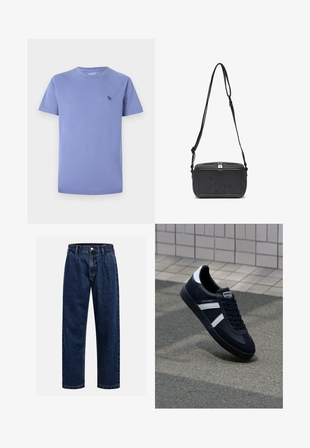 Lys lavendelfarvet bomulds T-shirt, rund hals, korte ærmer, med et lille broderet logo i en mørkere nuance på venstre bryst.; Mørkeblå denimjeans med lige ben-design. Har synlige syninger, en knaplukning og frontfoldninger for ekstra detalje.; Sort lædersneaker med hvide striber, tekstureret gummisål og snørrebånd foran. Har et brandet mærke på tungen.; Sort læder crossover taske med lynlåslukning, præget logo på fronten og justerbar rem. Glat tekstur med rektangulær form.