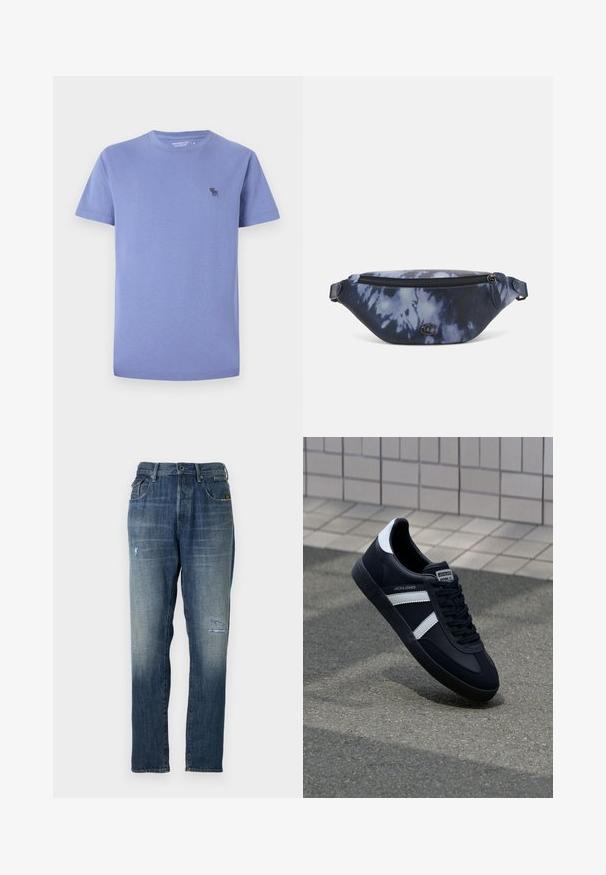 Hellblau-lila Baumwoll-T-Shirt, mit Rundhalsausschnitt, kurzen Ärmeln und einem kleinen, in dunklerer Farbe gestickten Logo auf der linken Brust.; Denimjeans in einem verblassten Blau, mit geradem Beinschnitt, moderaten Abnutzungen an der Vorderseite und klassischem Fünf-Taschen-Design.; Schwarze Leder-Sneaker mit weißen Streifen, strukturiertem Gummisohle und Schnürung. Verfügt über ein Markenetikett auf der Zunge.; Bauchtasche im dunkelblauen Batikdruck mit einem Reißverschluss oben, strukturiertem Material und einem auffälligen Logodetail auf der Vorderseite.