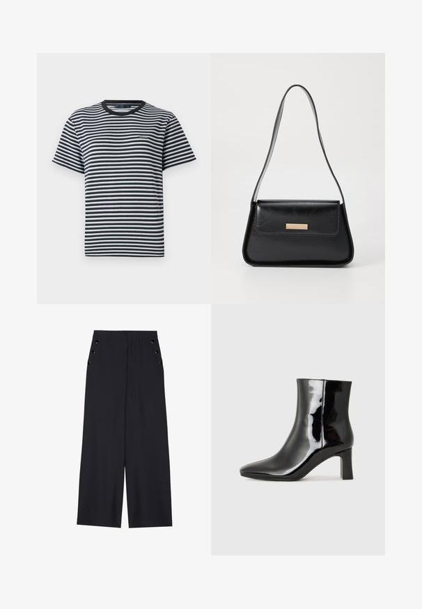 T-shirt às riscas com riscas horizontais em preto e branco, decote redondo e mangas curtas. Feita de tecido leve e macio.; Calças largas de tecido azul marinho escuro, com uma textura suave, pregas frontais e ilhoses decorativos em tom dourado nos bolsos laterais.; Botim de tornozelo em pele sintética preta com bico apontado e salto bloco de altura média. Textura suave e design minimalista.; Bolsa de couro preta com uma forma triangular estruturada, alça fina e metalização dourada, apresentando uma placa de logotipo no flap frontal.