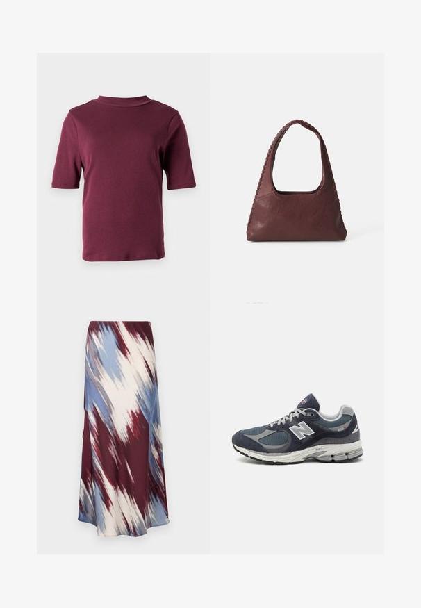 T-shirt bordeaux à manches courtes avec un col montant, présenté sur un fond blanc uni.; Jupe longue présentant un motif tie-dye diagonal en bordeaux, bleu et crème, fabriquée dans un tissu doux avec une silhouette fluide et un léger éclat.; Baskets New Balance avec un dessus en mesh et en daim marine, des accents gris, un logo blanc, une semelle rembourrée et des détails texturés.; Sac à main en cuir bordeaux avec une forme triangulaire, un haut ouvert et des détails tressés le long de la poignée. Texture lisse avec une finition mate.