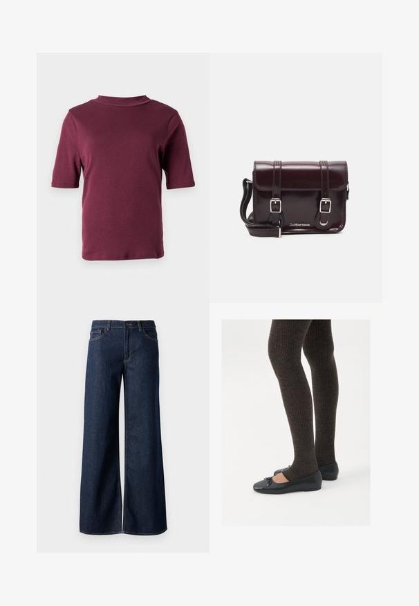 Camiseta de manga corta color burdeos con cuello tipo alto, exhibida contra un fondo blanco liso.; Jeans de pierna ancha en denim azul oscuro. Presenta costuras en contraste, cinco bolsillos y un cierre de botón en la cintura. Textura suave.; Zapatos planos negros con un pequeño lazo en la punta, combinados con medias de punto en marrón oscuro. Los zapatos tienen una textura suave y un perfil bajo.; Bolso bandolera de charol burdeos con forma rectangular, dos correas, herrajes plateados y cierre de solapa.
