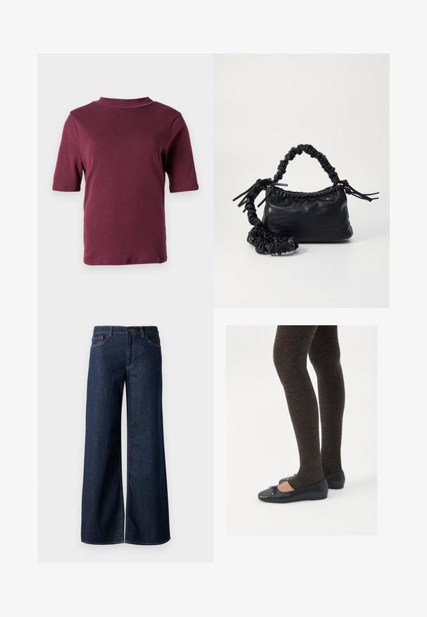 T-shirt de manga curta vinho com gola alta, exibido contra um fundo branco simples.; Jeans de perna larga em denim azul escuro. Apresenta costura em contraste, cinco bolsos e um fecho de botão na cintura. Textura lisa.; Sapatos planos pretos com um pequeno laço na ponta, emparelhados com meias-calças caneladas castanhas escuras. Os sapatos têm uma textura suave e um design discretamente baixo.; Bolsa de mão em couro sintético preto com textura de crocodilo, topo franzido e alça enrugada. Apresenta um design suave e compacto.