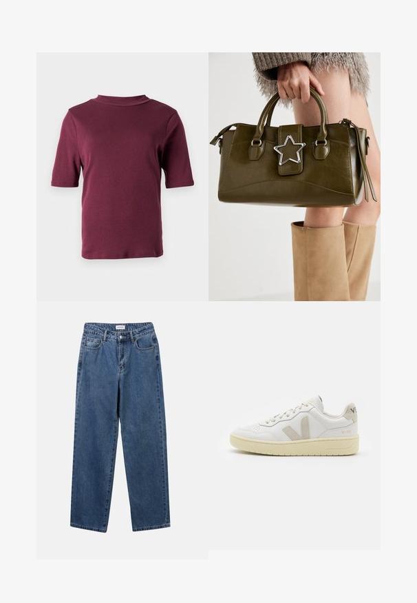 Czarny T-shirt z krótkim rękawem w kolorze bordowym z kołnierzem typu mock neck, wystawiony na jednolitym białym tle.; Klasyczne niebieskie dżinsy o prostym kroju, pięć kieszeni i zapięcie na guzik. Charakteryzują się średnim odcieniem i solidną teksturą.; Białe skórzane trampki z beżowymi zamszowymi akcentami, perforowanym noskiem, płaskimi sznurowadłami i teksturowaną kremową podeszwą. Posiadają subtelne logo na pięcie.; Oliwkowa torebka z ekoskóry z srebrnym akcentem w kształcie gwiazdy, podwójnymi uchwytami i zapięciem na zamek. Teksturowana powierzchnia i wyraźnie zarysowany kształt.