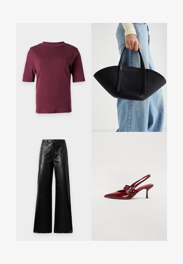 Kurzärmliges, kastanienbraunes T-Shirt mit einem Stehkragen, vor einem schlichten weißen Hintergrund präsentiert.; Schwarze leichte, weit geschnittene, hochtaillierte Kunstlederhose mit vorderem Knopf, Reißverschluss, Gürtelschlaufen und Seitentaschen auf weißem Hintergrund.; Rote Lackleder Slingback-Absätze mit spitzem Zeh, zwei Schnallenriemen und einem schlanken, mittelhohen Stiletto-Absatz. Glatte Textur.; Schwarze Lederhandtasche mit einzigartiger Fächerform, ausgestattet mit flachen Griffen. Die Oberfläche hat eine genoppte Textur und ein minimalistisches Design.