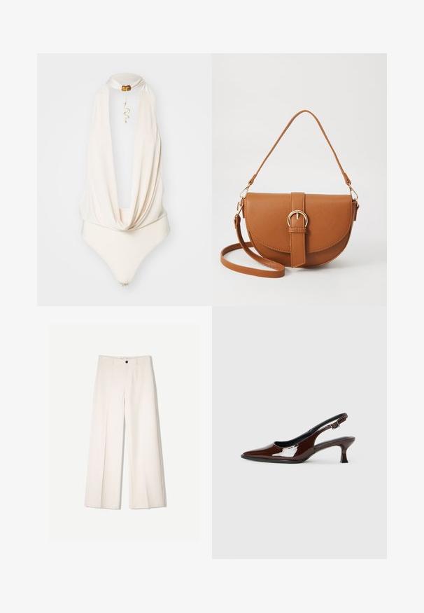 Crème-kleurige bodysuit met een gedrapeerde halslijn, halterontwerp en een decoratieve gouden slang charm hanger. Gladde textuur, aansluitende silhouette.; Crème brede broek met een tailored ontwerp, voorzien van twee voorzakken en een enkele sluiting met een knop aan de voorkant, gemaakt van een gladde stof.; Bruine gepatineerde leren slingback-schoen met een spitse neus en een gematigd hakje. Voorzien van een gespsluiting voor een veilige pasvorm. Glad van textuur.; Bruine leren schoudertas met een gebogen vorm, gouden hardware en een gespaccent. Bevat een afneembare schouderriem.