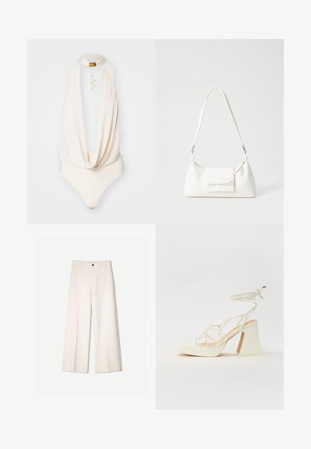 Bodijs z barvo smetane z drapiranim ovratnikom, halter obliko in dekorativnim zlatim obeskom v obliki kače. Gladka tekstura, prilegajoča silhueta.; Kremne široke hlače s krojem, ki vključujejo dve sprednji žepi in en sprednji gumb za zapiranje, izdelane iz gladkega blaga.; Bela sandala na visokih petah s debelim petam, ki ima obliko trakcev in vezanje okoli gležnja. Gladka tekstura z platformo spredaj za dodatno višino.; Bela sintetična torbica v obliki trikotnika, z ravnim sprednjim poklopcem in detajlom mašne, nastavljivim trakom, gladko teksturo in minimalističnim dizajnom.