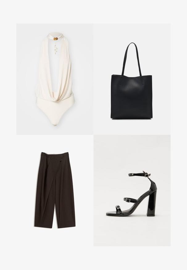 Bodijs z barvo smetane z drapiranim ovratnikom, halter obliko in dekorativnim zlatim obeskom v obliki kače. Gladka tekstura, prilegajoča silhueta.; Temno rjave široke hlače z visokim pasom, ki imajo en gumb za zapiranje in zamaščen sprednji del. Narejene so iz lahkega blaga.; Črne lakirane sandale s peto, kvadratnim prstom, trakovi okrog gležnja in srebrnimi zaponkami. Opremljene so s stabilno Debelo peto.; Črna usnjena torba s svilnato teksturo, pravokotne oblike in dvema dolgima ročajema. Brez vidnih metalnih delov ali okrasnih elementov.