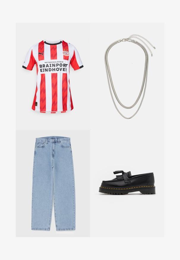 Vörös és fehér, függőleges csíkos focimez, zigzag mintázatokkal, Puma logóval, PSV Eindhoven emblémával, és fekete díszítéssel a nyaknál.; Világoskék farmernadrág egyenes szárú kivitelben, közepes derékkal, öt zsebbel, gombos és cipzáros záródással.; Fekete bőr mokaszin, rojtos díszítéssel, masszív fekete talppal és sárga varrással az élén. Texturált felület.; Háromrétegű ezüstszínű fém nyaklánc, letisztult, rugalmas láncokkal, enyhe fényességgel, homárkapoccsal rögzítve és állítható lánccal.
