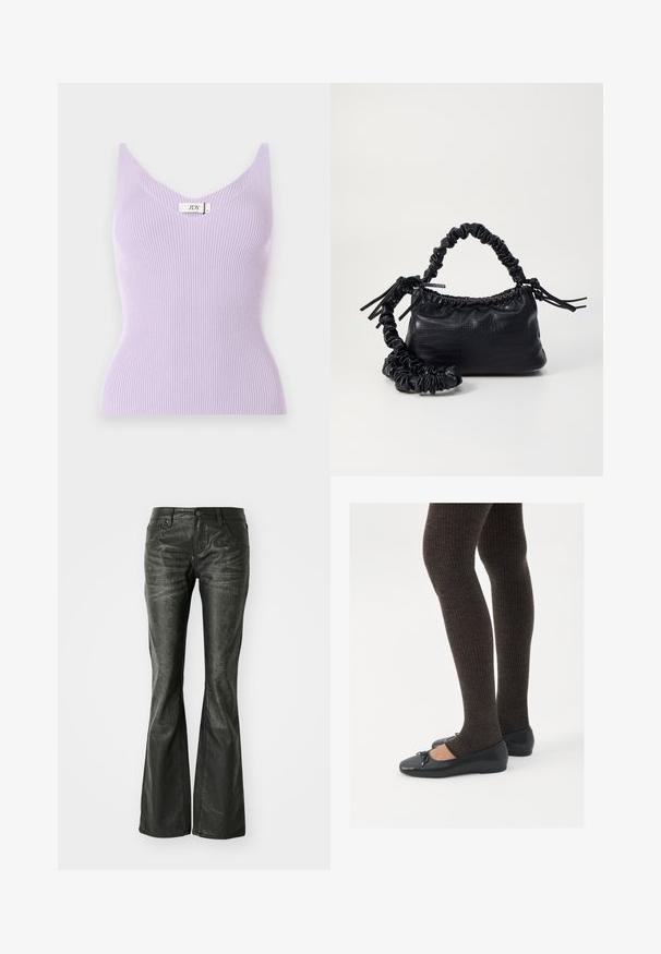 Lilac ribbed sleeveless top with a V-neckline and a fitted design. Material appears soft with vertical texture details. Brand label visible.; Black faux leather flared jeans with front pockets, a metal button closure, and a slightly textured surface. Straight leg with a long cut.; Black flat shoes with a small bow detail at the toe, paired with dark brown ribbed tights. Shoes have a smooth texture and low profile.; Black faux leather handbag with a crocodile texture, cinched top, and a scrunched strap. Appears soft and compact in design.