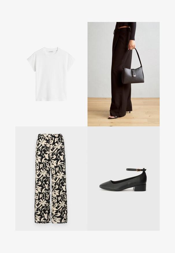 Bijela kratka majica s kratkim rukavima izrađena od pamuka. Ima ležeran kroj s okruglim izrezom i malo spuštenim šavovima na ramenima. Bez uzoraka ili ukrasa.; Crne široke hlače s kremastim cvjetnim uzorkom. Izrađene od lagane tkanine, sa glatkom teksturom i visokim pojasom.; Crne kožne pumpe s oštrim vrhom i niskom blok petom. Sadrže remen oko gležnja s zlatnim kopčanjem. Glatka tekstura.; Crna torba s oblikom koji sadrži strukturu, glađu teksturu i metalnu kopču. Uparena s širokim crnim hlačama i sandalama na otvorenom s drvenog poda.