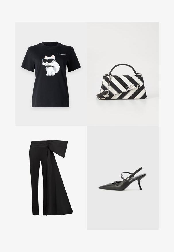 Fekete pamut póló, fehér macska grafikai ábrázolással, napszemüveget visel. A design finom részleteket tartalmaz és az "KARL LAGERFELD" feliratot.; Fekete nadrág, széles, drapált övvel a deréknál. Simaságú anyag, egyenes lábszár, és pliszírozott derékbőség.; Fekete bőrszíjjal ellátott magassarkú cipő, hegyes orral, karcsú sarkával és díszes csattal a vamp részén. Simás textúra és elegáns dizájn.; Fekete-fehér csíkos kézitáska, strukturált formával, felső fogantyúval, leválasztható lánc pánttal és fémes logóval.