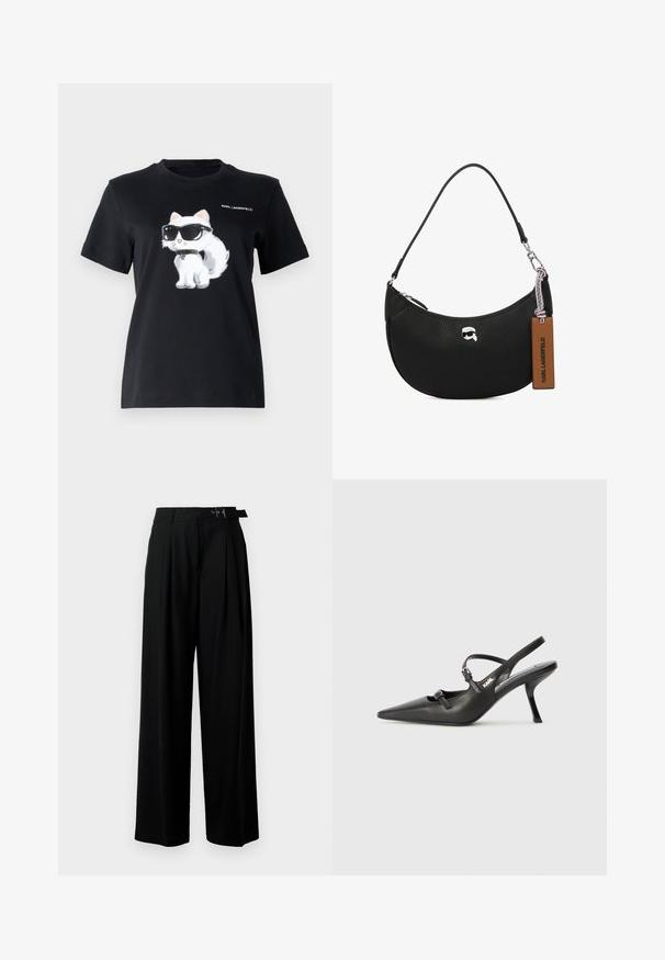 Svart bomullströja med en grafik av en vit katt som bär solglasögon. Designen har subtila detaljer och texten "KARL LAGERFELD."; Svarta byxor med vida ben och hög midja, med veck framtill och ett bälte med spänne. Tillverkade av ett mjukt, lätt tyg.; Svarta läderklackar med slingback, spetsig tå, smal klack och dekorativ spänndetalj på ovansidan. Slät struktur och stilren design.; Svart läderhandväska med en pebblad textur, böjd form, dragkedjestängning upptill, silverfärgad hårdvara och en brun etikett. Har en logotypdetalj.