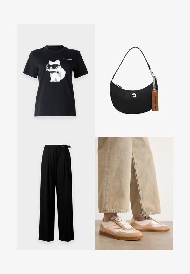 Μαύρο βαμβακερό μπλουζάκι με γραφική εικόνα ενός λευκού γάτου που φοράει γυαλιά ηλίου. Το σχέδιο περιλαμβάνει διακριτές λεπτομέρειες και το κείμενο "KARL LAGERFELD."; Μαύρο παντελόνι με φαρδιά πόδια και ψηλή μέση, πτυχές μπροστά και ζώνη με αγκράφα. Κατασκευασμένο από μαλακό, ελαφρύ ύφασμα.; Τα αθλητικά παπούτσια σε ταμπά και κρέμα με σχέδιο από suede και δικτυωτό υλικό, διαθέτουν κλεισίματος με κορδόνια και καουτσούκ σόλες, σε συνδυασμό με ταμπά φαρδιά τζιν παντελόνια.; Μαύρη δερμάτινη τσάντα χειρός με υφή βότσαλου, καμπυλωτό σχήμα, κλείσιμο με φερμουάρ στην κορυφή, ασημένια μεταλλικά μέρη και καφέ ετικέτα. Έχει χαρακτηριστικό λογότυπο.