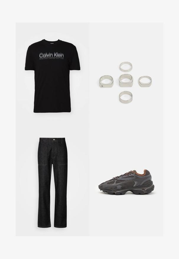 Black cotton t-shirt with short sleeves, featuring "Calvin Klein" logo in white and blue, and "Established Nineteen Sixty Eight" beneath it.; Black denim pants with a straight leg, visible stitching, and a front button closure. Includes two side pockets and two back pockets.; Lacoste sneakers in dark gray with mesh and synthetic material, featuring a textured sole and brown accents on the collar and branding.; Set of six metallic silver rings in various shapes, including round and square, featuring smooth textures and minimalistic design.