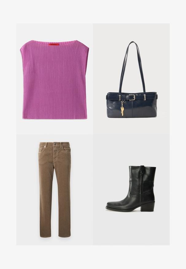 Teksturirana bezrukavna majica svijetlo ružičaste boje, s okruglim izrezom i vertikalnim rebrastim uzorkom. Oznaka vidljiva na leđima s nazivom brenda.; Smeđe kordne ravne hlače s prednjim džepovima, petljama za remen i dugmim zatvaranjem na bijeloj pozadini.; Crne kožne čizme do članaka s okruglim vrhom, blok potpeticom, bočnim patentnim zatvaračem i detaljima od šavova na gornjem dijelu. Glatka tekstura, klasičan dizajn.; Morska kožna torbica s dva duga ramena, detaljem kopče i privjeskom za ključeve. Ima glatku teksturu i pravokutni oblik.