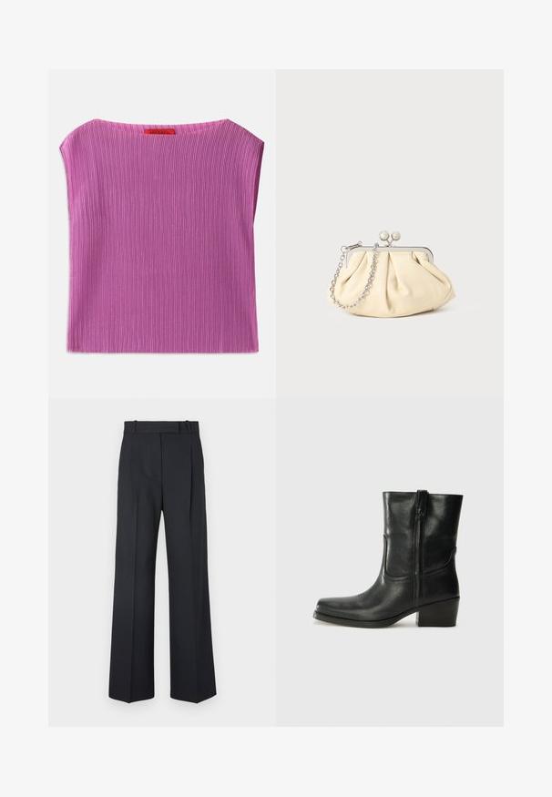 Texturiertes, ärmelloses Oberteil in Hellrosa mit rundem Ausschnitt und vertikalem Rippenmuster. Tag auf der Rückseite mit Markenname sichtbar.; Dunkelblaue Nadelstreifenhosen mit hoher Taille, weit geschnittenem Bein und ohne sichtbare Beschläge oder Verzierungen. Glatte Textur und taillierte Passform.; Schwarze Leder-Ankle Boots mit runder Zehenform, Blockabsatz, seitlichem Reißverschluss und gestickten Akzenten auf dem Blatt. Glatte Textur, klassisches Design.; Faltige beigefarbene Ledertasche mit einem silbernen Metallrahmen, ausgestattet mit zwei runden dekorativen Verschlüssen und einem silbernen Kettenriemen.