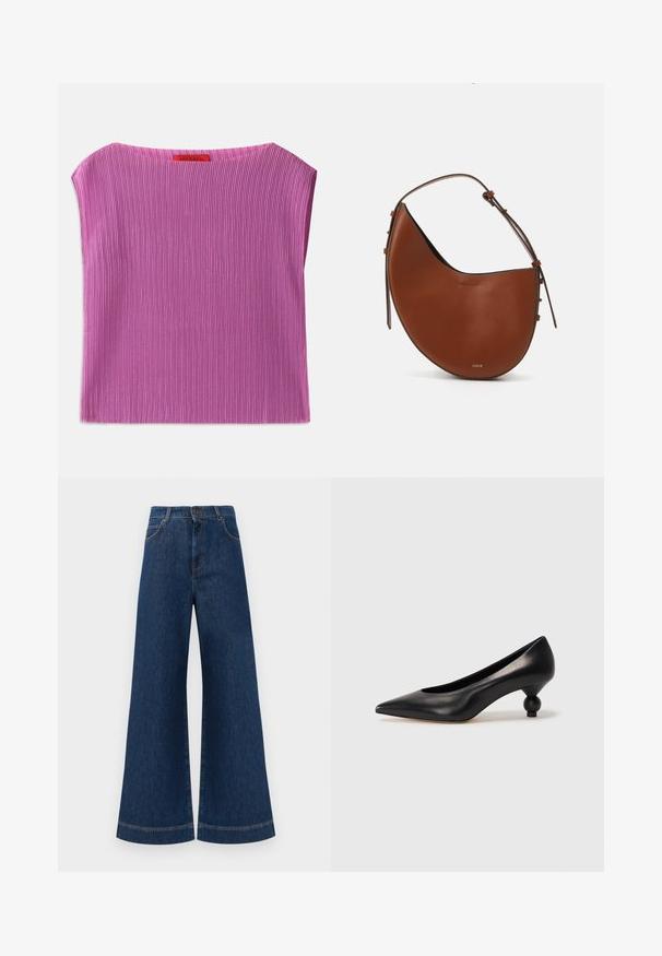 Tekstureret ærmeløs top i lyserød, med rund halsudskæring og lodret ribbet mønster. Tag synligt på bagsiden med mærkenavnet.; Bredde ben blå denim jeans med høj talje, der har knaplukning, bæltestropper og diskrete syninger langs lommerne og kanterne.; Sort læder høje hæle med spids tå og rund, kugleformet hæl. Glat tekstur med et stilrent, minimalistisk design.; Brun læder skuldertaske med en halvmåneform, slank brun rem og subtile detaljer i guld hardware. Har en glat overflade og minimal syning.