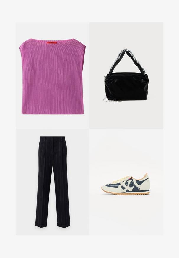 Tekstureret ærmeløs top i lyserød, med rund halsudskæring og lodret ribbet mønster. Etiket synlig bagpå med mærkenavn.; Svarte pinstripede bukser med en tilpasset passform, som har en oppbrett på bunnen og frontfolder. Laget av glatt stoff med en strukturert design.; Sko med en blanding av kremfarge, marineblå og semsket skinnmaterialer, snaredesign, skrå sømmer, og en gummisåle med grep.; Svart veske i faux lær med tekstur, med en perlet sølvdetalj langs det øverste håndtaket og en kjede-rem.