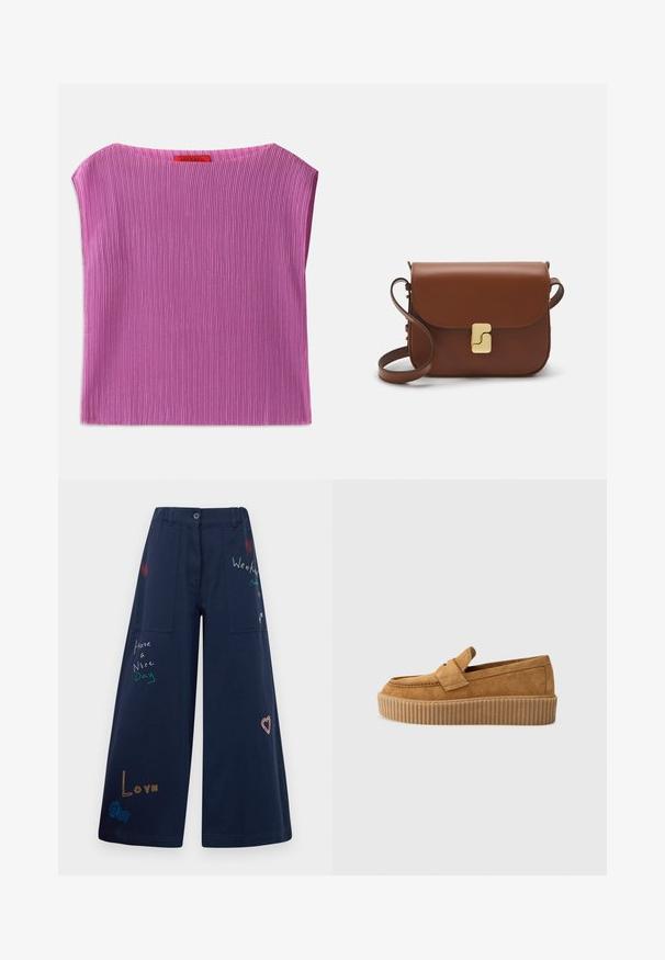 Top senza maniche di tessuto strutturato in rosa chiaro, con scollatura rotonda e motivo a righe verticali. Etichetta visibile sul retro con il nome del marchio.; Pantaloni a gamba larga blu navy in cotone con molteplici tasche. Presentano testi e grafica ricamati colorati, inclusi cuori e frasi giocose.; Mocassino in suede marrone con punta rotonda, dotato di suola a piattaforma rigata e una fascia decorativa sulla parte superiore.; Borsa a tracolla in pelle marrone con chiusura a pattina, hardware color oro, tracolla e una finitura liscia. Forma rettangolare compatta.
